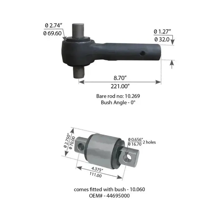 Fortpro Rubbed Bushed Torque Rod Compatible with Hendrickson